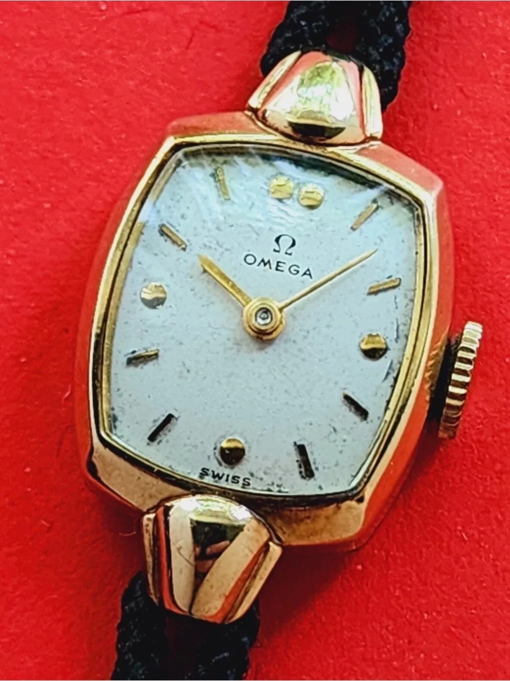 14K GF Omega Gold-Tone Ladies Watch with Black Cord Strap and  rare omega box